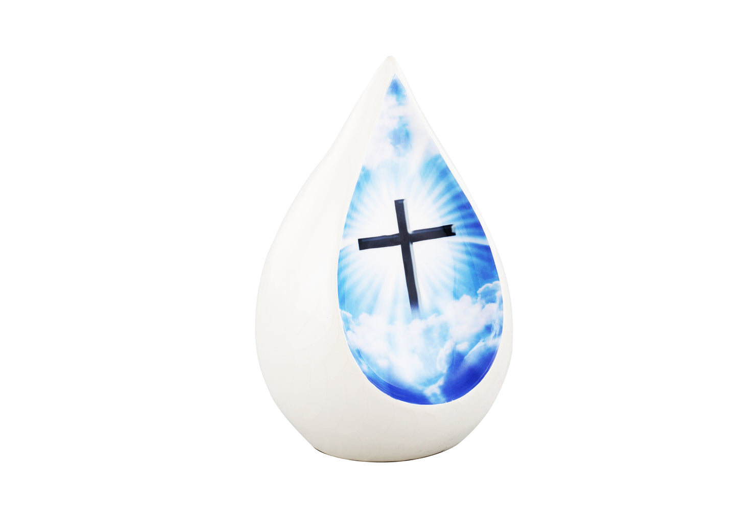 Urns of Dignity Everlasting Teardrop Cremation Urns, Urn for Human Ashes, Funeral, Adult urn 200 Cubic Inches with Velvet Bag-White Cross.