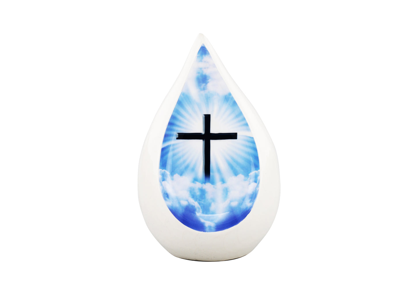 Urns of Dignity Everlasting Teardrop Cremation Urns, Urn for Human Ashes, Funeral, Adult urn 200 Cubic Inches with Velvet Bag-White Cross.