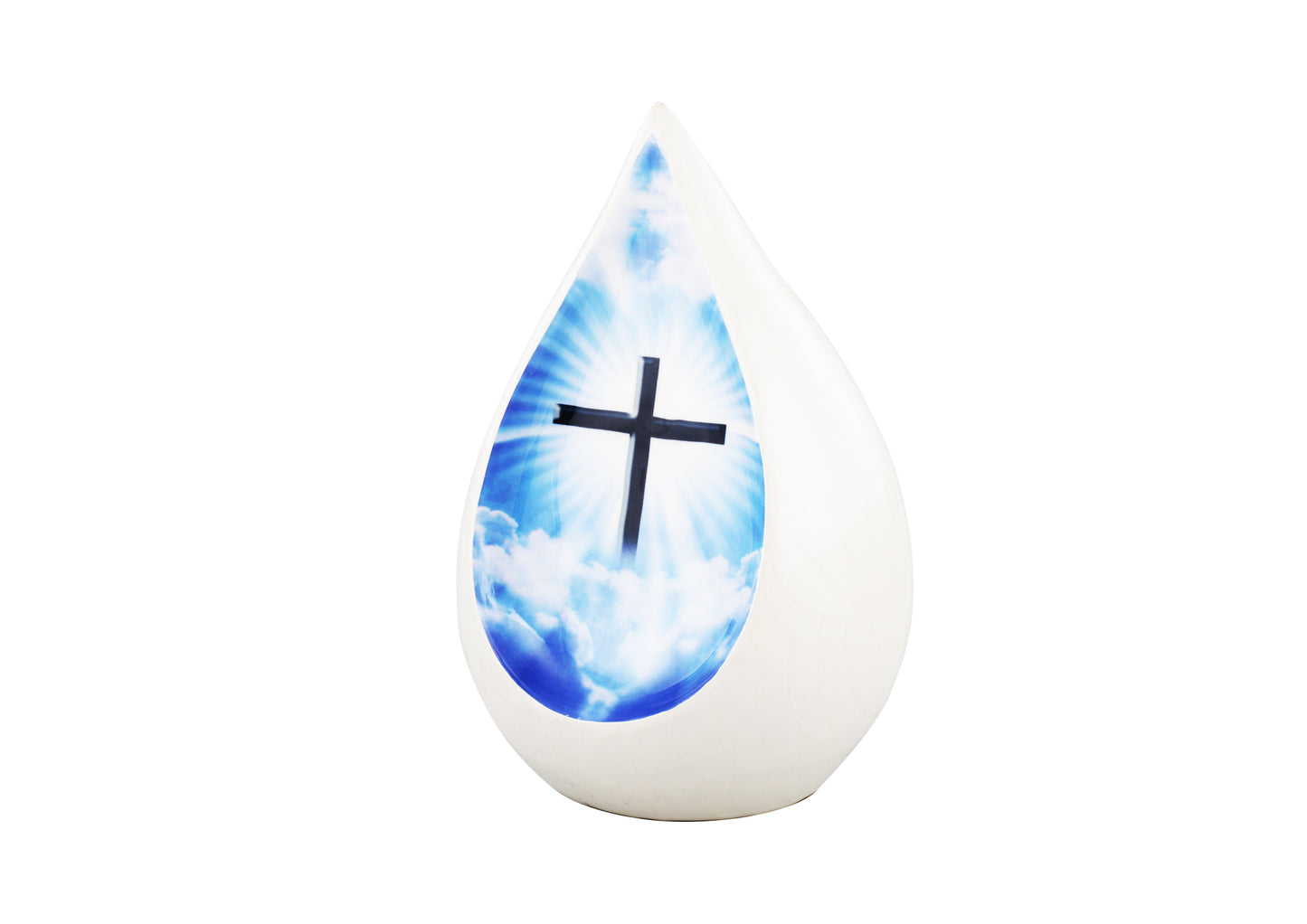 Urns of Dignity Everlasting Teardrop Cremation Urns, Urn for Human Ashes, Funeral, Adult urn 200 Cubic Inches with Velvet Bag-White Cross.