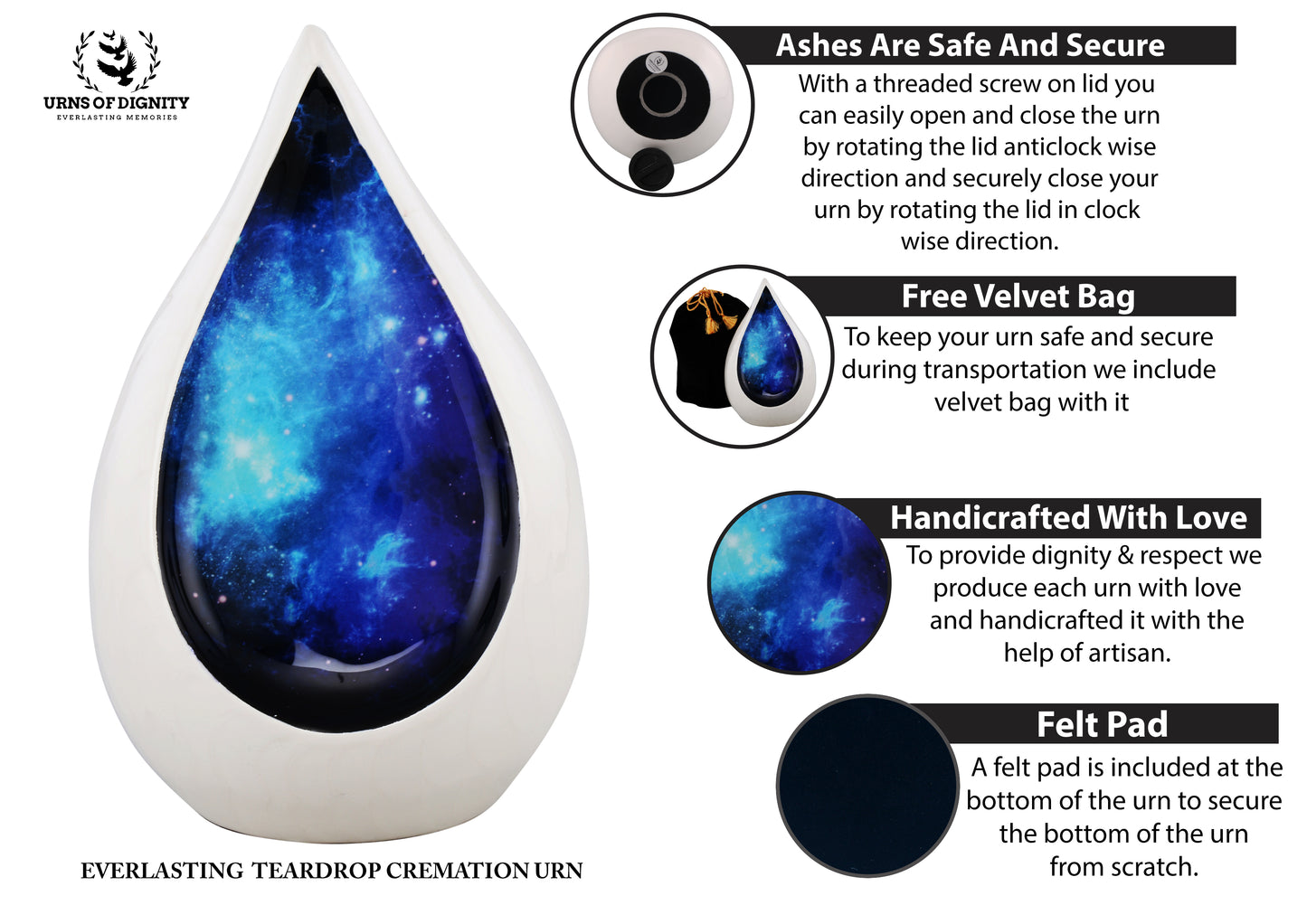 Urns of Dignity Everlasting Teardrop Cremation Urns, Urn for Human Ashes, Funeral, Adult urn 200 Cubic Inches with Velvet Bag-White Blue