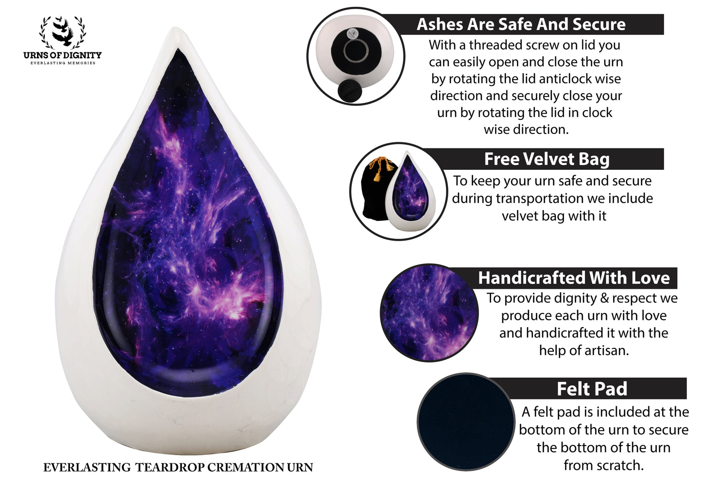 Urns of Dignity Everlasting Teardrop Cremation Urns, Urn for Human Ashes, Funeral, Adult urn 200 Cubic Inches with Velvet Bag-White Purple.