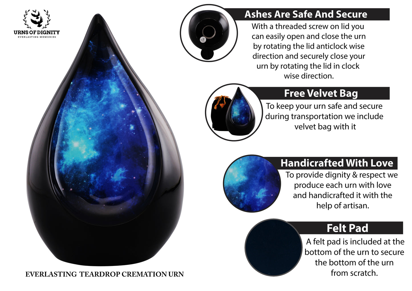 Urns of Dignity Everlasting Teardrop Cremation Urns, Urn for Human Ashes, Funeral, Adult urn 200 Cubic Inches with Velvet Bag-Black-Blue