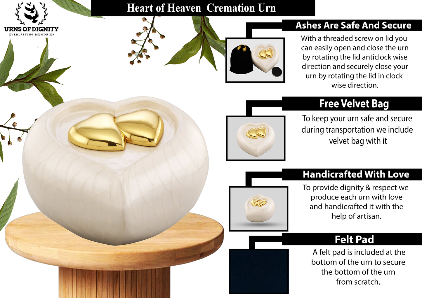 Urns of dignity- Heart of Heaven Urns for Human Ashes URN for Human Ashes, Home, Cremation Urns for Human Ashes Adult 200 Cubic Inches with Velvet Bag(White with gold heart)