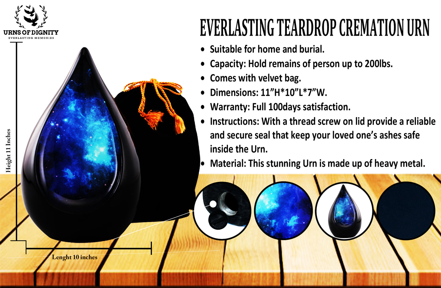 Urns of Dignity Everlasting Teardrop Cremation Urns, Urn for Human Ashes, Funeral, Adult urn 200 Cubic Inches with Velvet Bag-Black-Blue