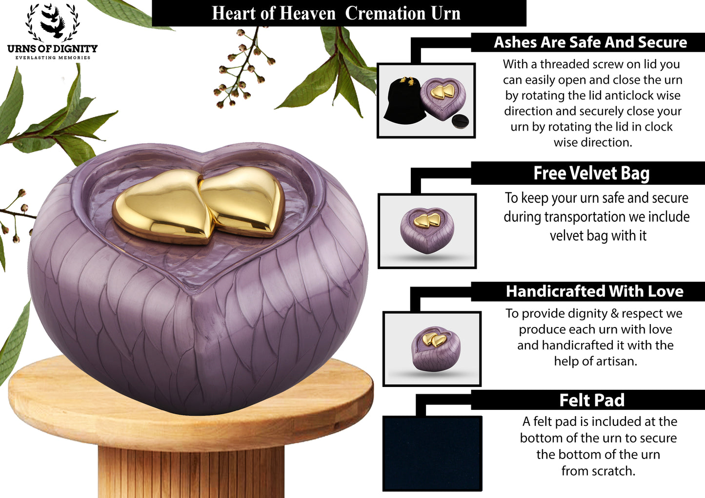 Urns of dignity- Heart of Heaven Urns for Human Ashes URN for Human Ashes, Home, Cremation Urns for Human Ashes Adult 200 Cubic Inches with Velvet Bag(Purple with gold heart)