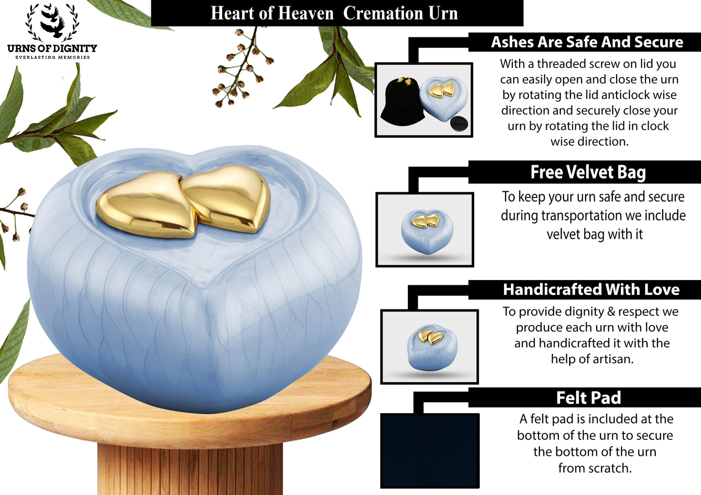 Urns of dignity- Heart of Heaven Urns for Human Ashes URN for Human Ashes, Home, Cremation Urns for Human Ashes Adult 200 Cubic Inches with Velvet Bag(Sky blue with gold heart)