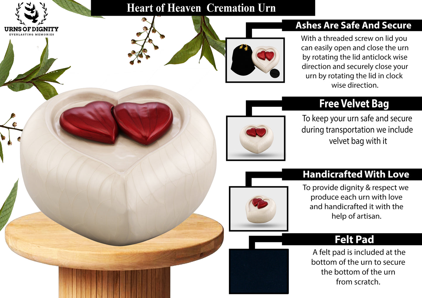 Urns of dignity- Heart of Heaven Urns for Human Ashes URN for Human Ashes, Home, Cremation Urns for Human Ashes Adult 200 Cubic Inches with Velvet Bag(White with red heart)