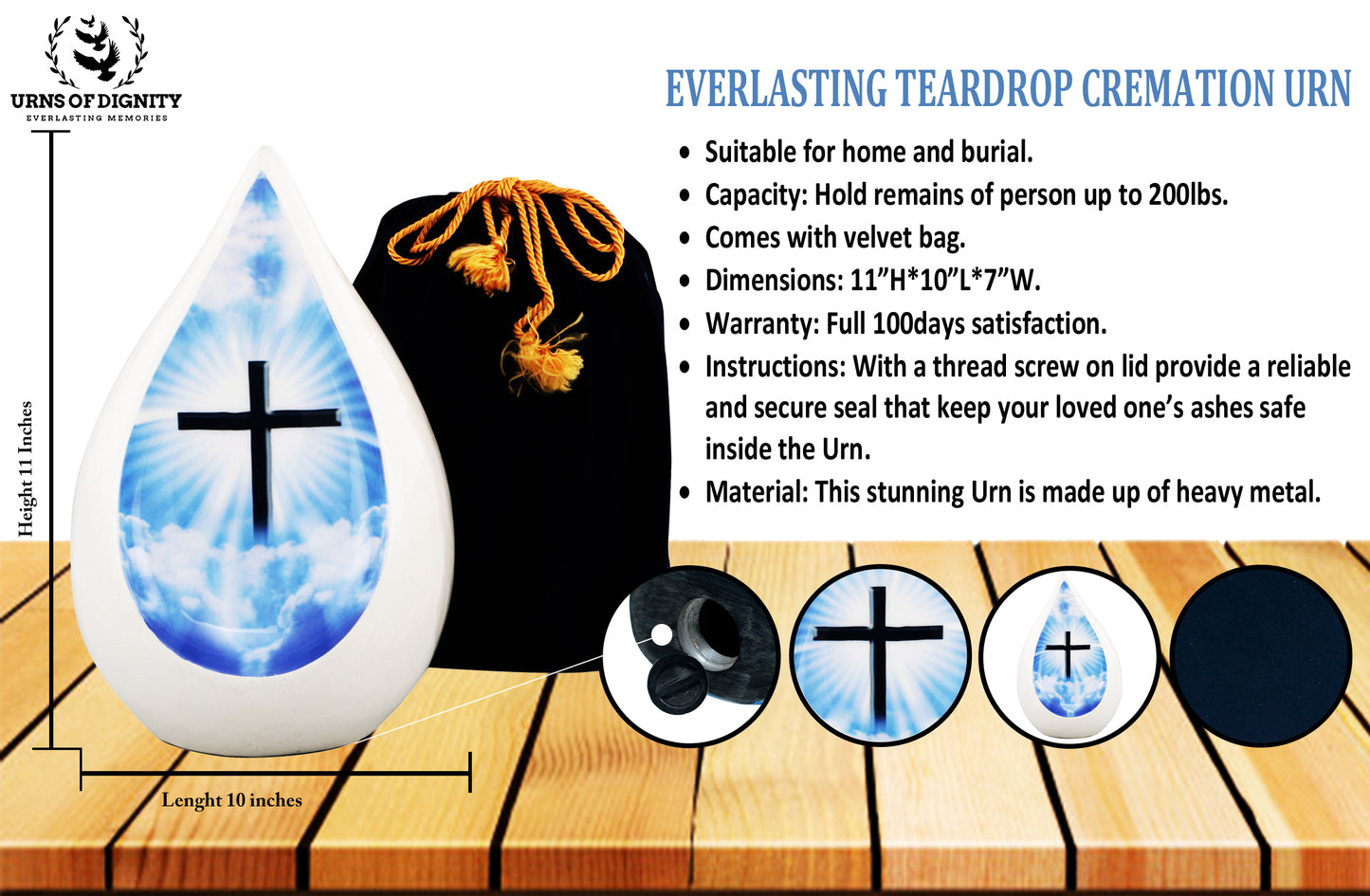 Urns of Dignity Everlasting Teardrop Cremation Urns, Urn for Human Ashes, Funeral, Adult urn 200 Cubic Inches with Velvet Bag-White Cross.