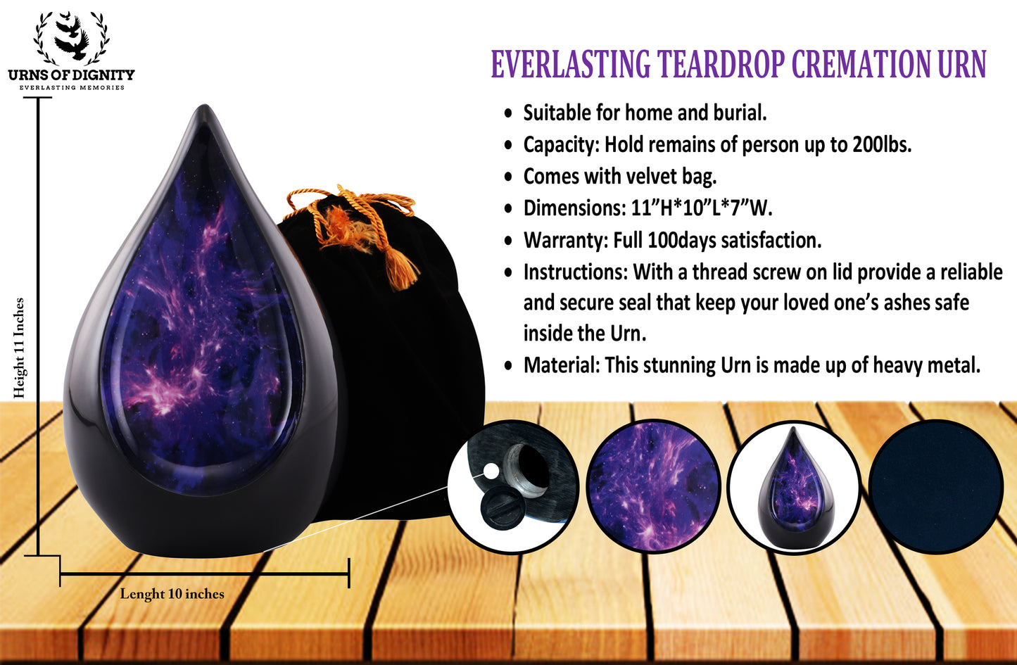 Urns of Dignity Everlasting Teardrop Cremation Urns, Urn for Human Ashes, Funeral, Adult urn 200 Cubic Inches with Velvet Bag-Black Purple.