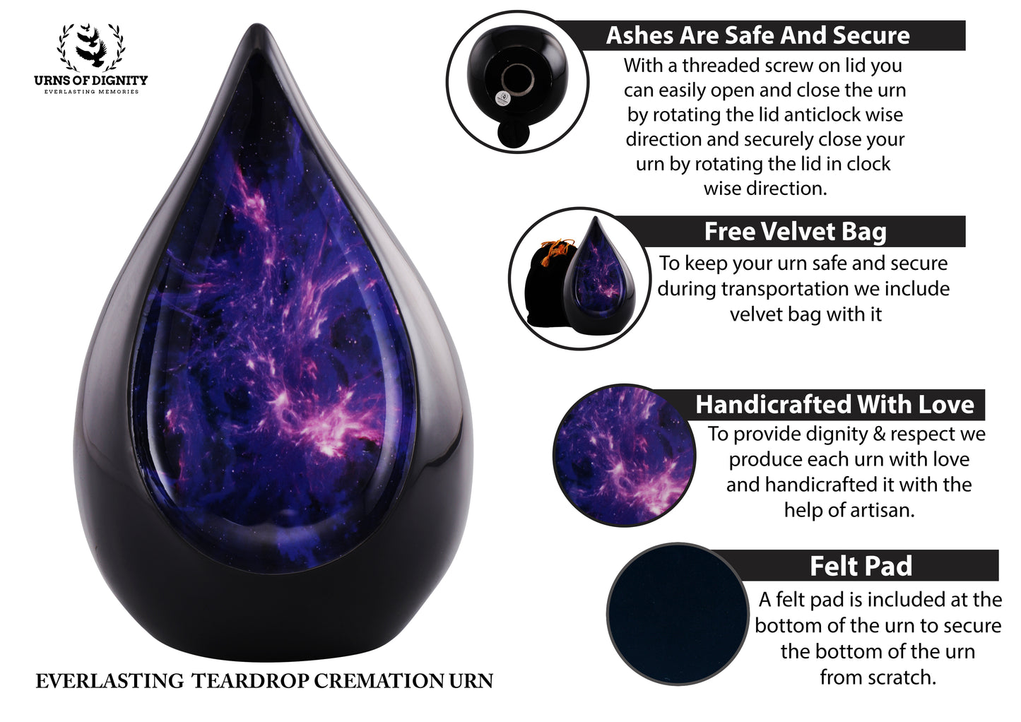 Urns of Dignity Everlasting Teardrop Cremation Urns, Urn for Human Ashes, Funeral, Adult urn 200 Cubic Inches with Velvet Bag-Black Purple.