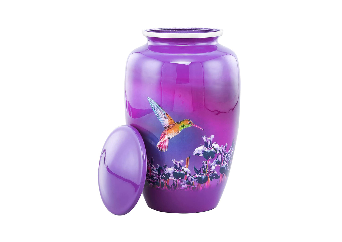 Urns of Dignity Classic Hummingbird Cremation urn for Human Ashes, Adult urn for Funeral, Burial, Home,  Adult Urn 200 Cubic Inches:- with Velvet Bag(Lavender))