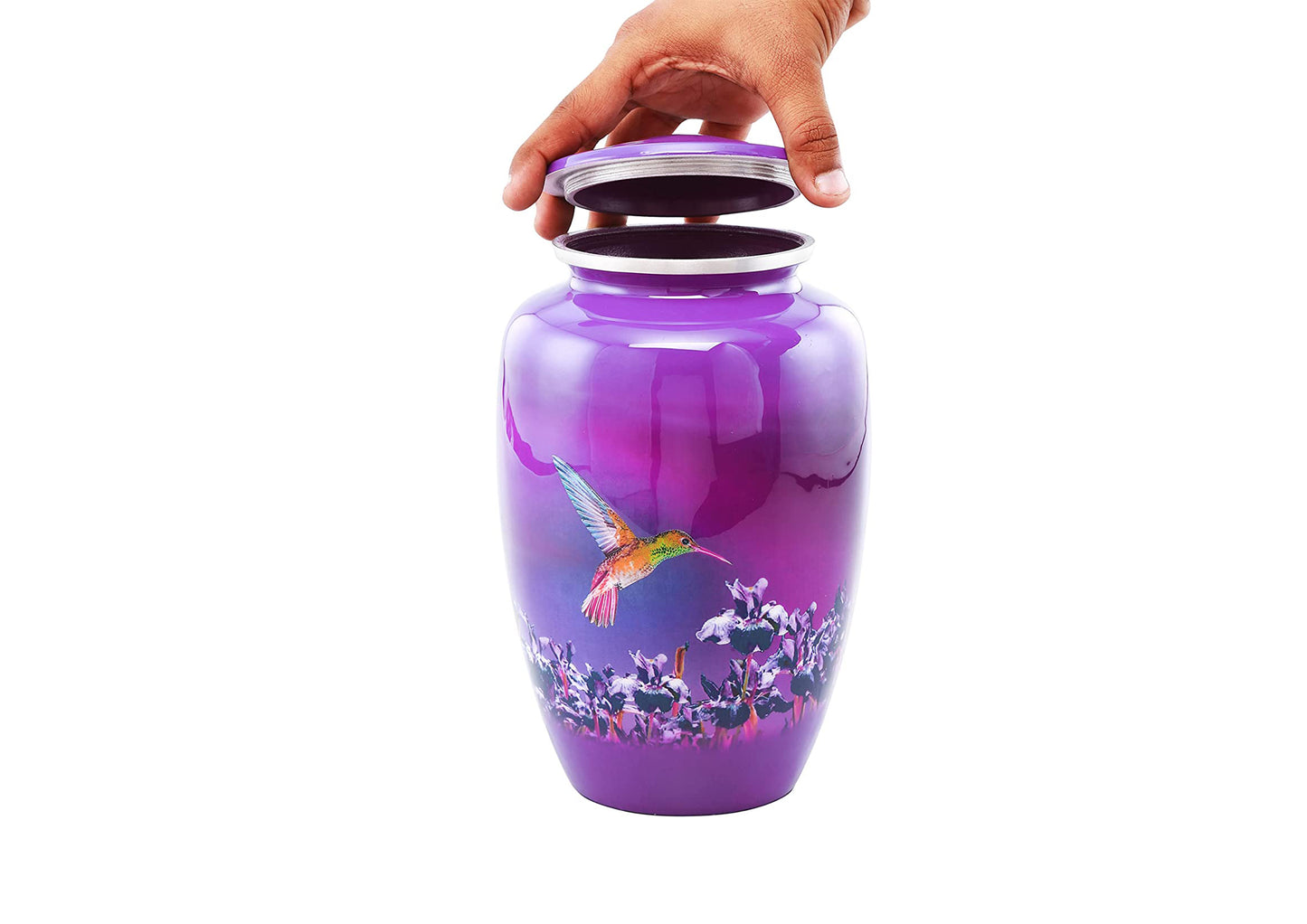 Urns of Dignity Classic Hummingbird Cremation urn for Human Ashes, Adult urn for Funeral, Burial, Home,  Adult Urn 200 Cubic Inches:- with Velvet Bag(Lavender))