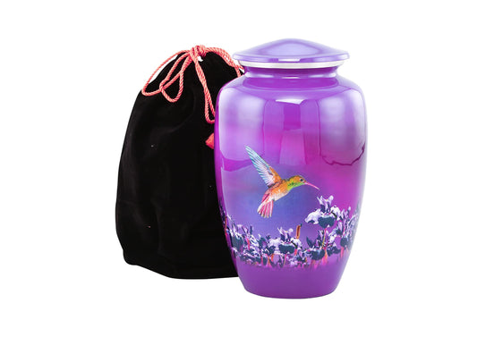 Urns of Dignity Classic Hummingbird Cremation urn for Human Ashes, Adult urn for Funeral, Burial, Home,  Adult Urn 200 Cubic Inches:- with Velvet Bag(Lavender))