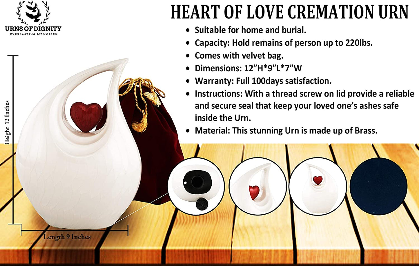 Urns of Dignity Cremation Urn Heart of Love Urn for Human Ashes – Cremation Urn for Funeral, Cremation Urns, Human Adult Urn 220cubic inch- with Velvet Bag.(White Red Heart Large)