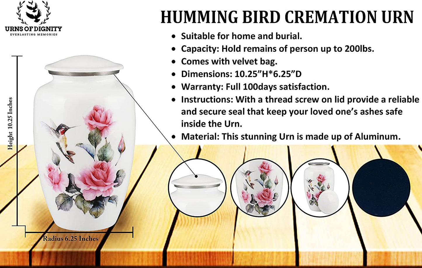 Urns of Dignity Classic Hummingbird Cremation urn for Human Ashes, Adult urn for Funeral, Burial, Home,  Adult Urn 200 Cubic Inches:- with Velvet Bag