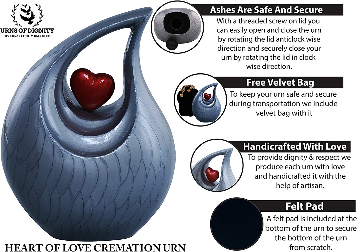 Urns of Dignity Cremation Urn Heart of Love Urn for Human Ashes – Cremation Urn for Funeral, Cremation Urns, Human Adult Urn 220cubic inch- with Velvet Bag.(Grey Red Heart Large)