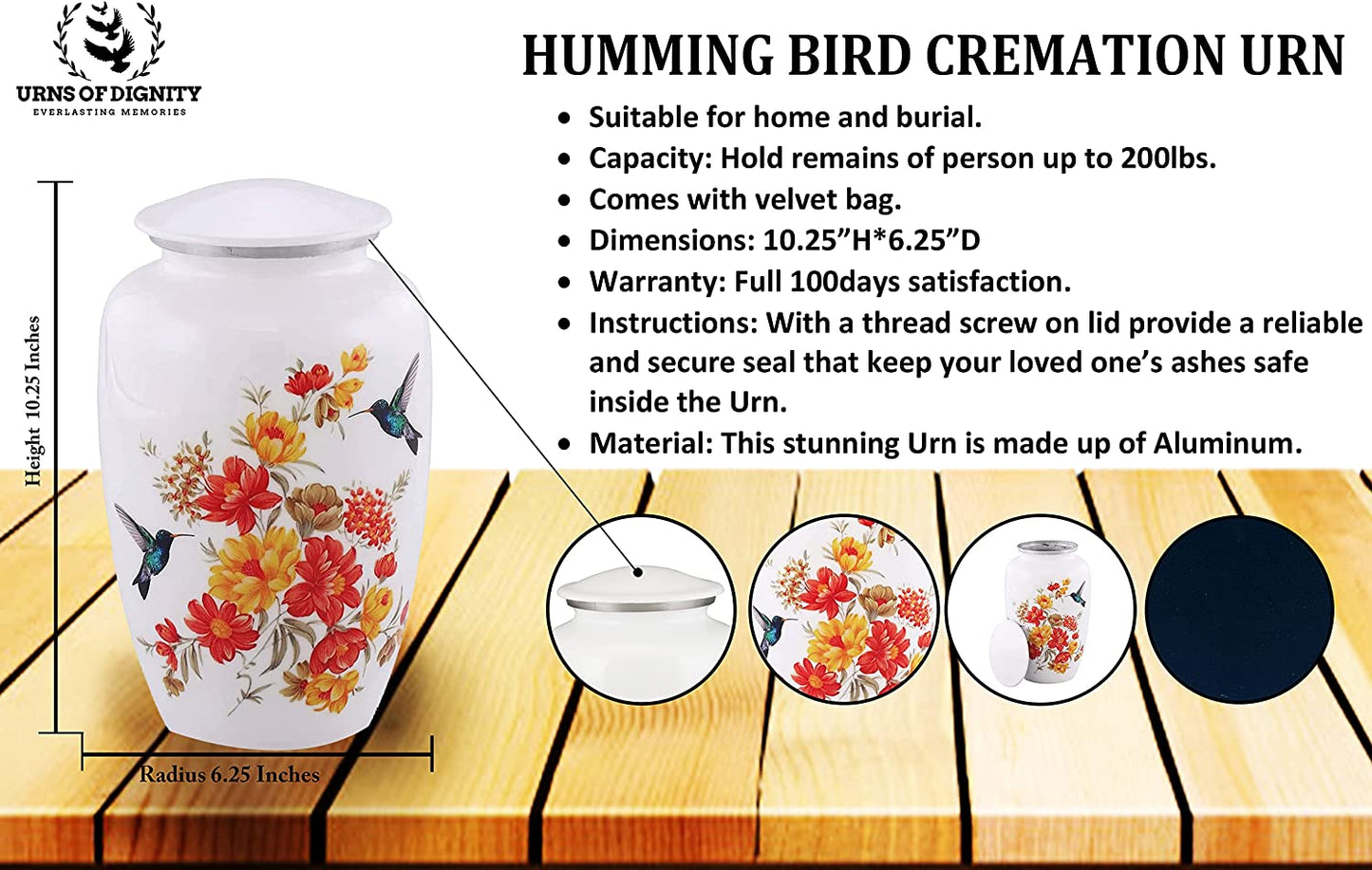 Urns of Dignity Classic Hummingbird Cremation urn for Human Ashes, Adult urn for Funeral, Burial, Home,  Adult Urn 200 Cubic Inches:- with Velvet Bag(Multicolor)