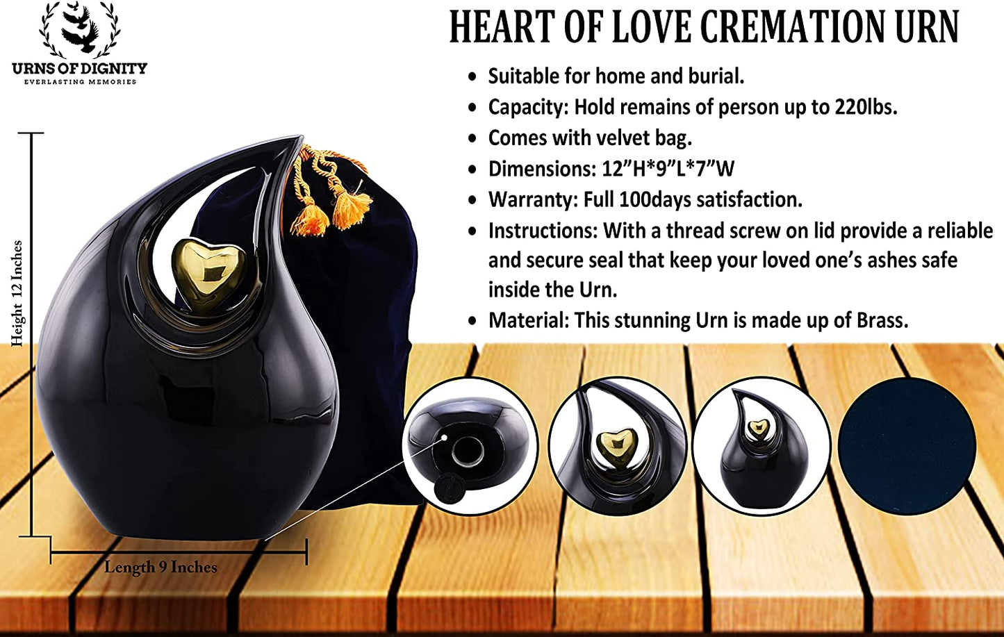 Urns of Dignity Cremation Urn Heart of Love Urn for Human Ashes – Cremation Urn for Funeral, Cremation Urns, Human Adult Urn 220cubic inch- with Velvet Bag.(Black Gold Heart Large)