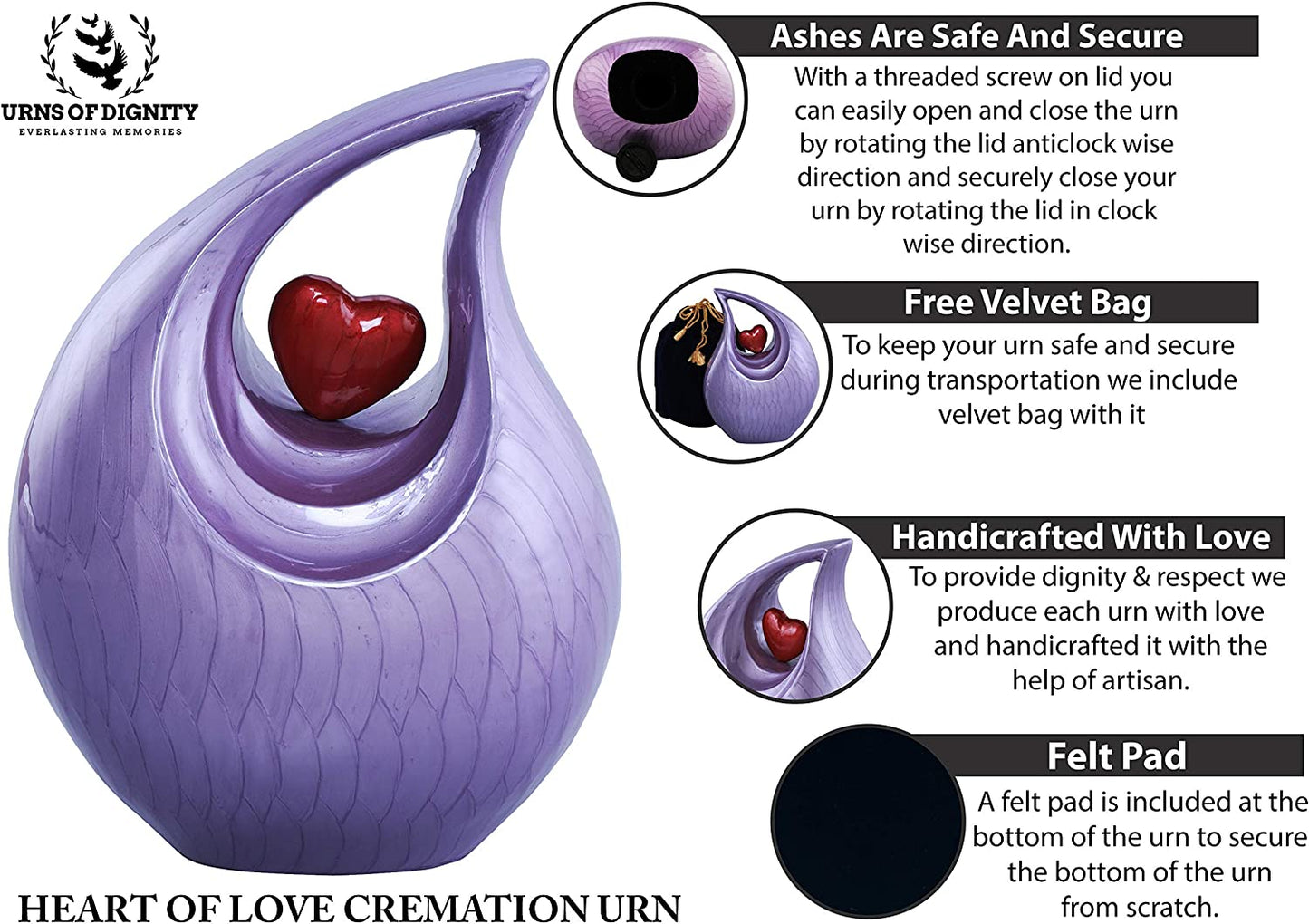 Urns of Dignity Cremation Urn Heart of Love Urn for Human Ashes – Cremation Urn for Funeral, Cremation Urns, Human Adult Urn 220cubic inch- with Velvet Bag. (Purple Red Heart Large)