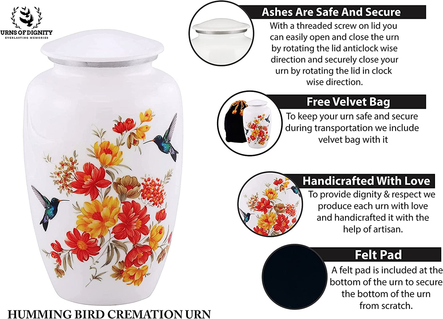 Urns of Dignity Classic Hummingbird Cremation urn for Human Ashes, Adult urn for Funeral, Burial, Home,  Adult Urn 200 Cubic Inches:- with Velvet Bag(Multicolor)