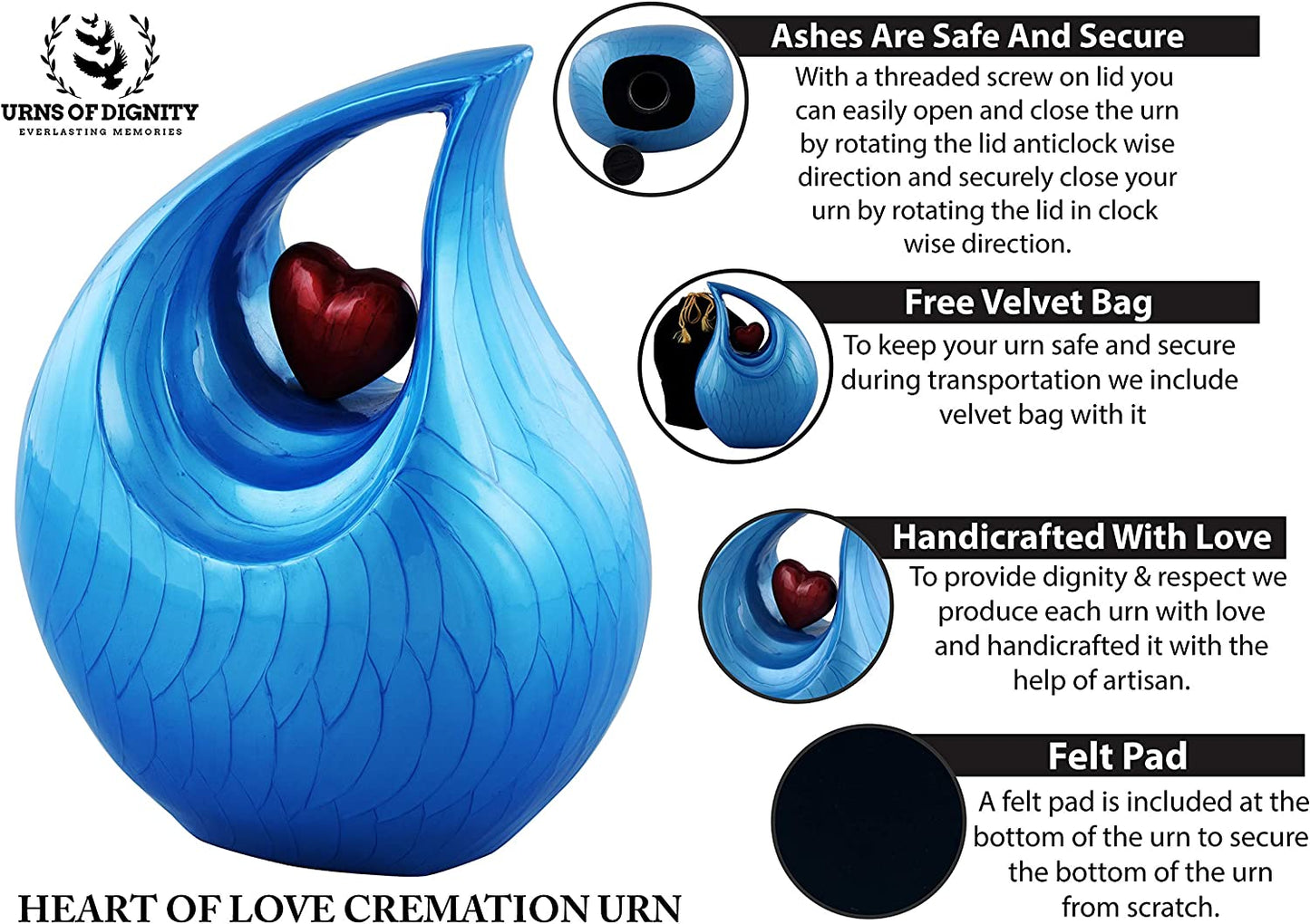 Urns of Dignity Cremation Urn Heart of Love Urn for Human Ashes – Cremation Urn for Funeral, Cremation Urns, Human Adult Urn 220cubic inch- with Velvet Bag.(Blue Red Heart Large)