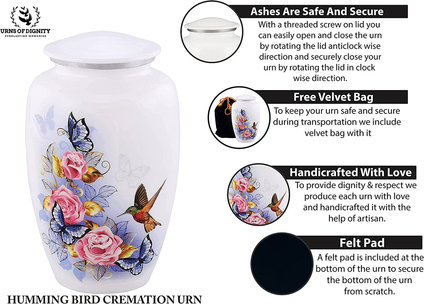 Urns of Dignity Classic Hummingbird Cremation urn for Human Ashes, Adult urn for Funeral, Burial, Home,  Adult Urn 200 Cubic Inches:- with Velvet Bag