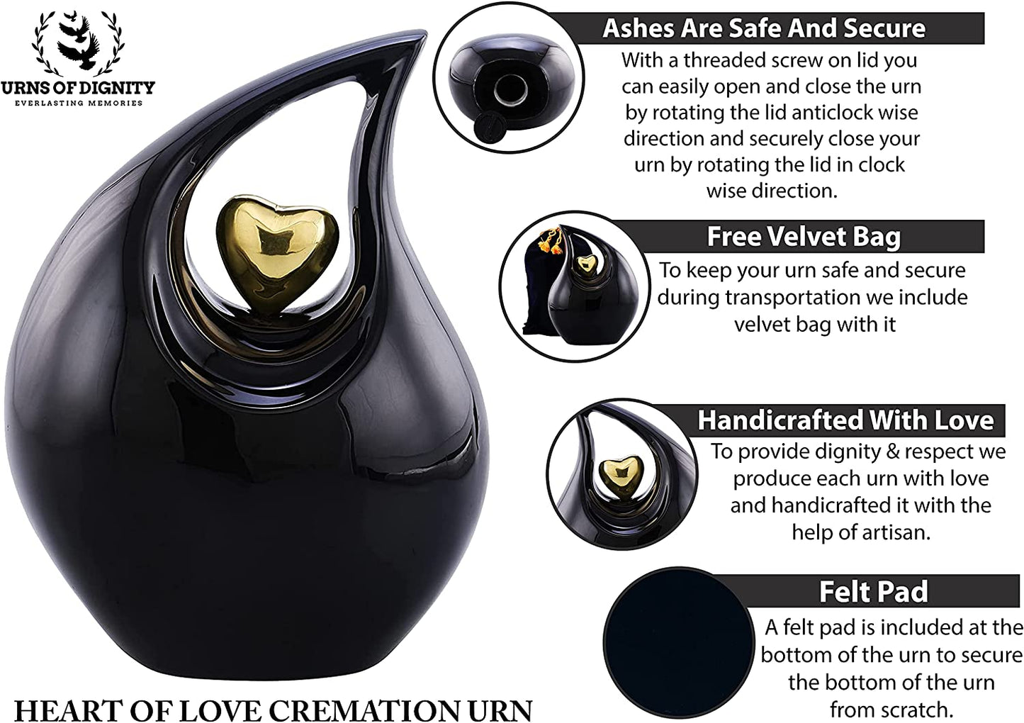 Urns of Dignity Cremation Urn Heart of Love Urn for Human Ashes – Cremation Urn for Funeral, Cremation Urns, Human Adult Urn 220cubic inch- with Velvet Bag.(Black Gold Heart Large)