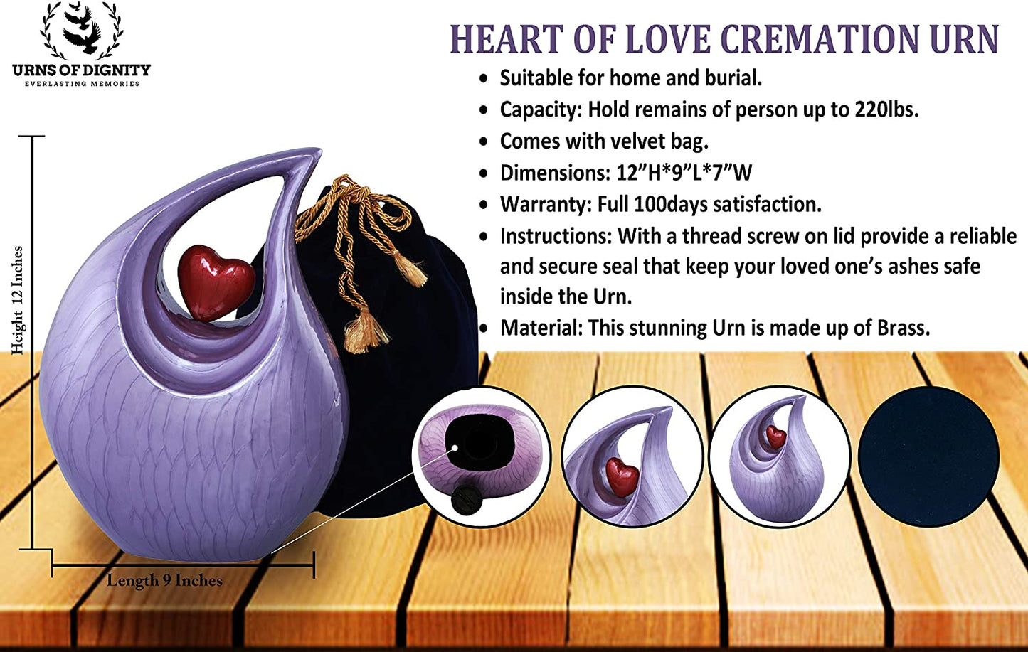 Urns of Dignity Cremation Urn Heart of Love Urn for Human Ashes – Cremation Urn for Funeral, Cremation Urns, Human Adult Urn 220cubic inch- with Velvet Bag. (Purple Red Heart Large)