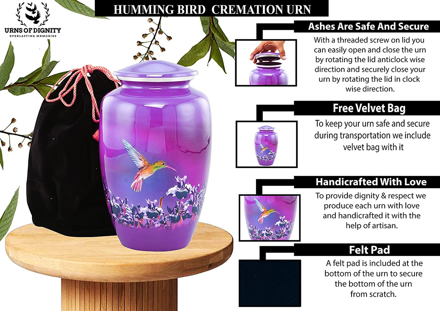 Urns of Dignity Classic Hummingbird Cremation urn for Human Ashes, Adult urn for Funeral, Burial, Home,  Adult Urn 200 Cubic Inches:- with Velvet Bag(Lavender))