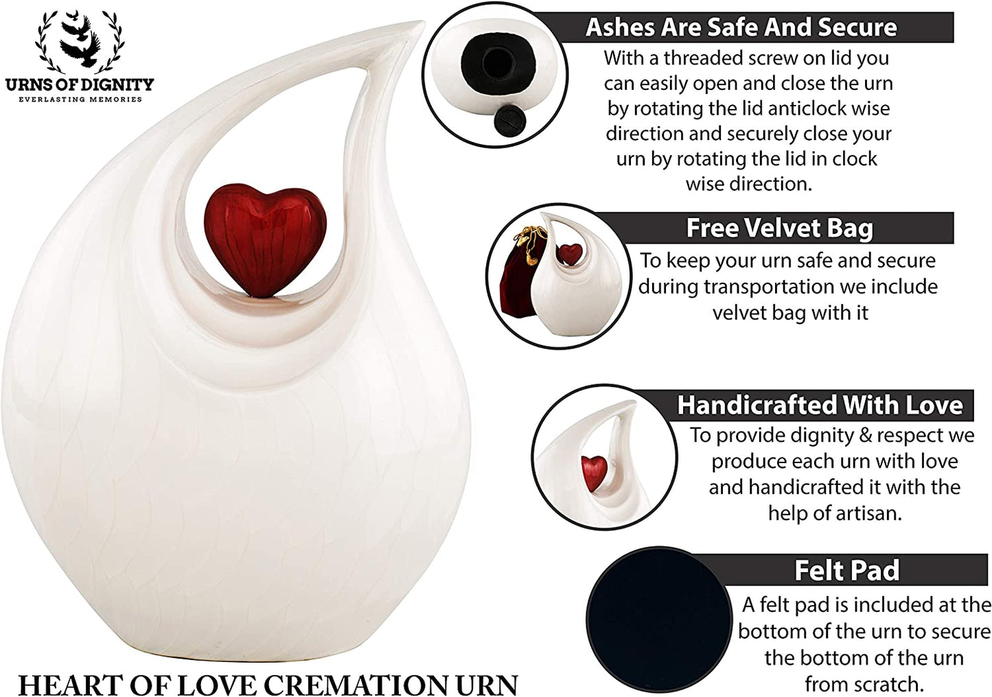 Urns of Dignity Cremation Urn Heart of Love Urn for Human Ashes – Cremation Urn for Funeral, Cremation Urns, Human Adult Urn 220cubic inch- with Velvet Bag.(White Red Heart Large)