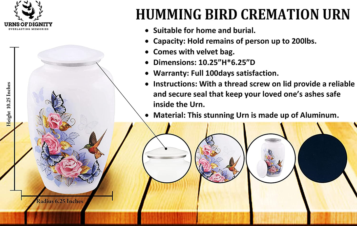 Urns of Dignity Classic Hummingbird Cremation urn for Human Ashes, Adult urn for Funeral, Burial, Home,  Adult Urn 200 Cubic Inches:- with Velvet Bag