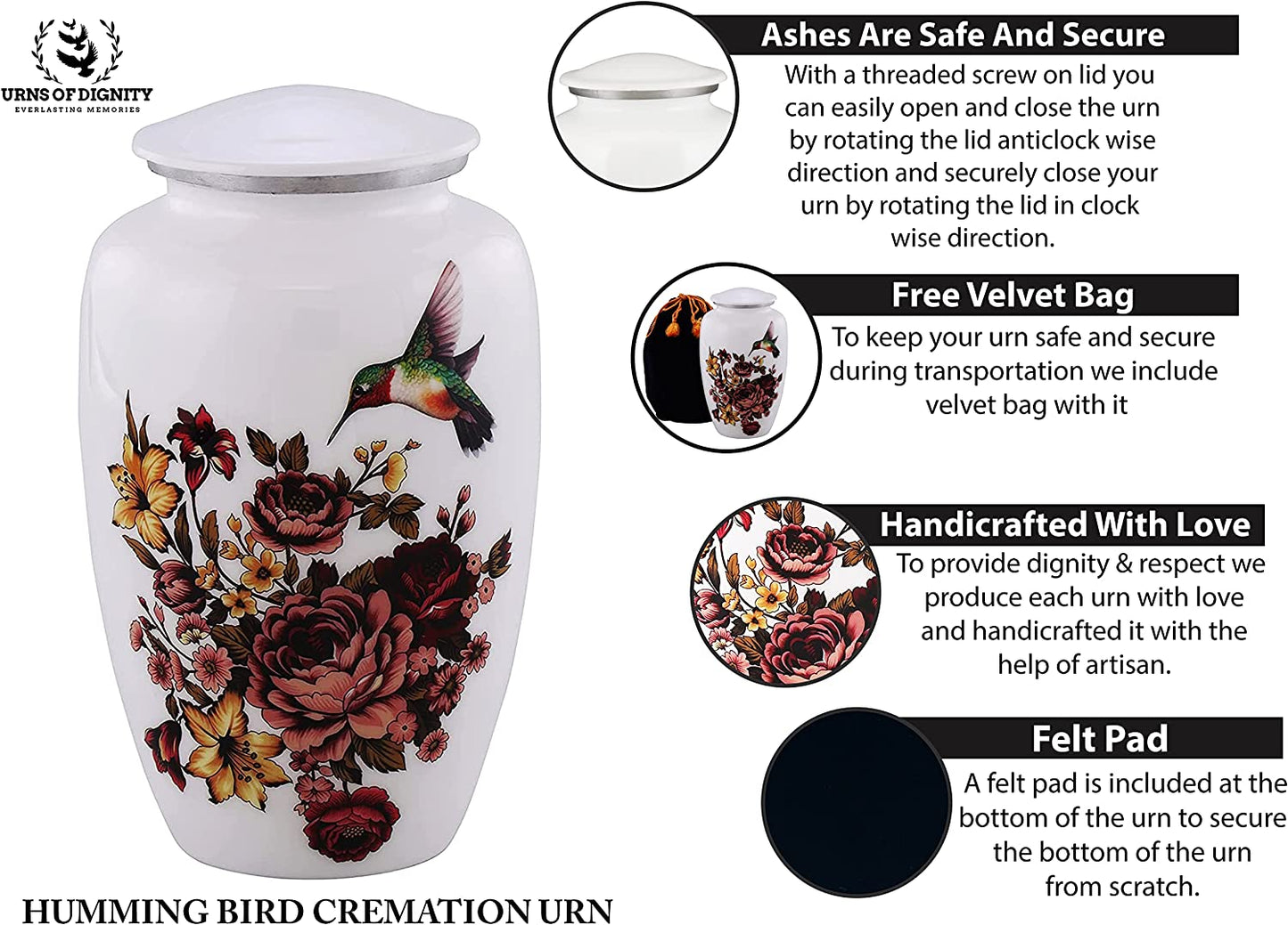 Urns of Dignity Classic Hummingbird Cremation urn for Human Ashes, Adult urn for Funeral, Burial, Home,  Adult Urn 200 Cubic Inches:- with Velvet Bag