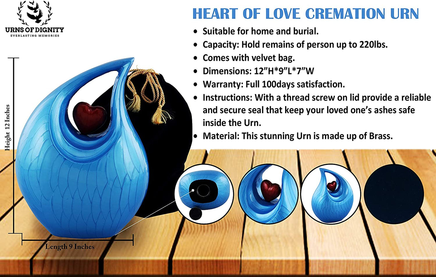 Urns of Dignity Cremation Urn Heart of Love Urn for Human Ashes – Cremation Urn for Funeral, Cremation Urns, Human Adult Urn 220cubic inch- with Velvet Bag.(Blue Red Heart Large)