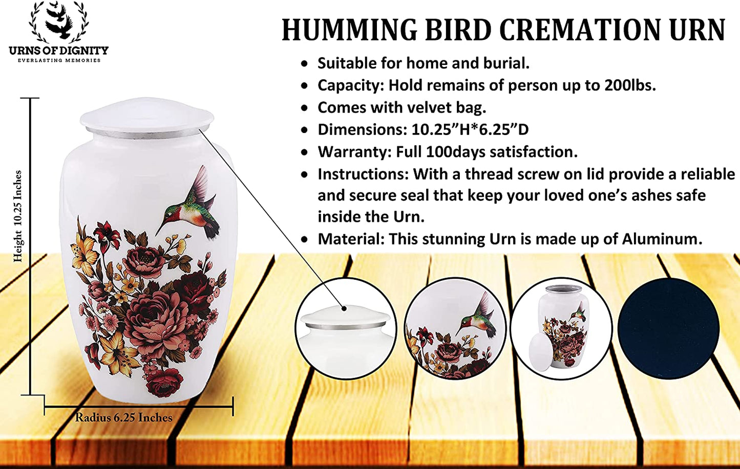 Urns of Dignity Classic Hummingbird Cremation urn for Human Ashes, Adult urn for Funeral, Burial, Home,  Adult Urn 200 Cubic Inches:- with Velvet Bag