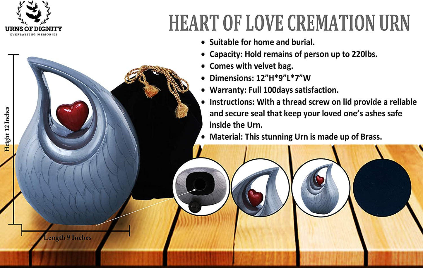 Urns of Dignity Cremation Urn Heart of Love Urn for Human Ashes – Cremation Urn for Funeral, Cremation Urns, Human Adult Urn 220cubic inch- with Velvet Bag.(Grey Red Heart Large)