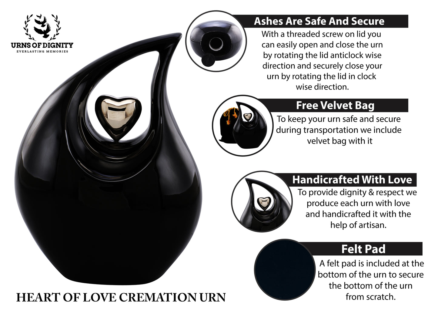 Urns of Dignity Cremation Urn Heart of Love Urn for Human Ashes – Cremation Urn for Funeral, Cremation Urns, Human Adult Urn 220cubic inch- with Velvet Bag.(Black Silver Heart Large)