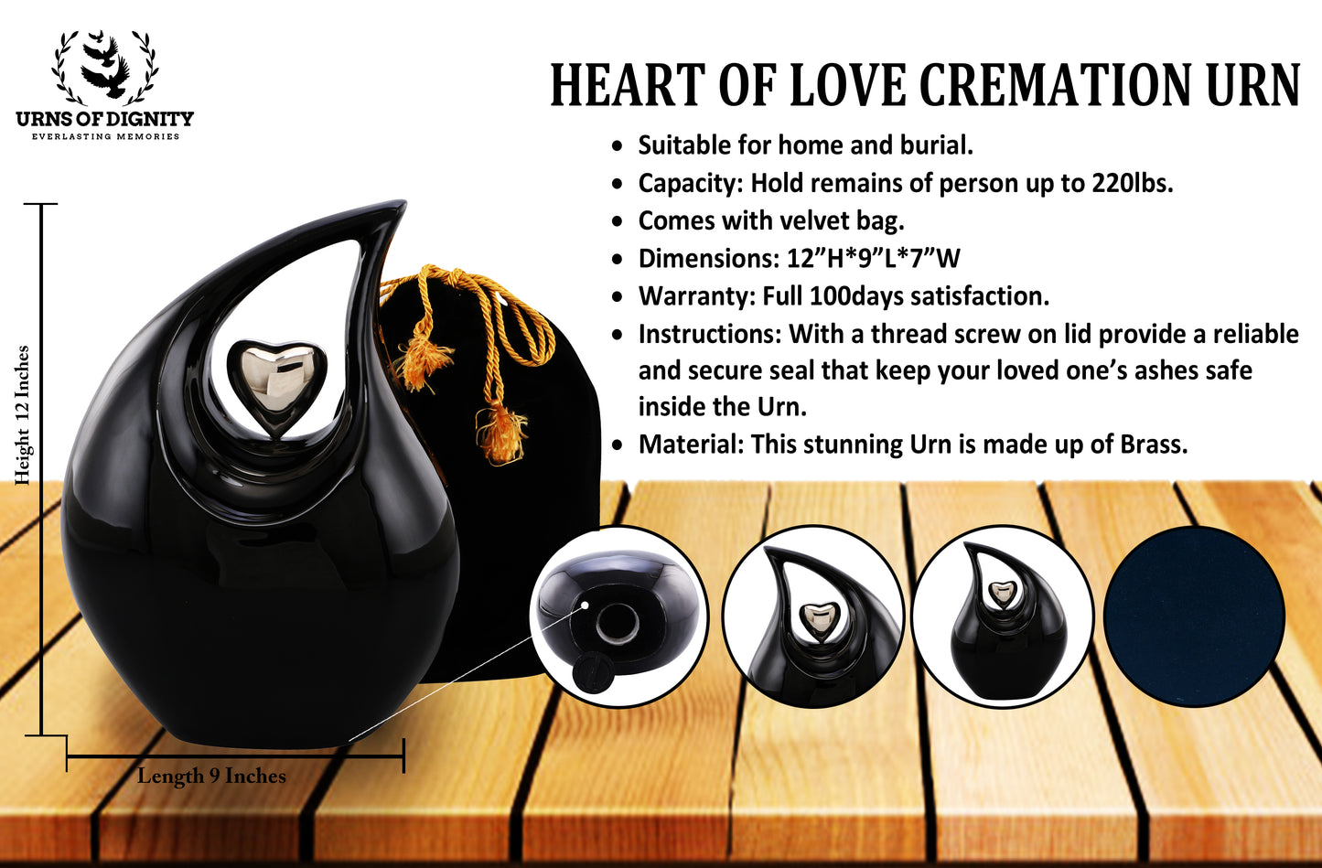 Urns of Dignity Cremation Urn Heart of Love Urn for Human Ashes – Cremation Urn for Funeral, Cremation Urns, Human Adult Urn 220cubic inch- with Velvet Bag.(Black Silver Heart Large)