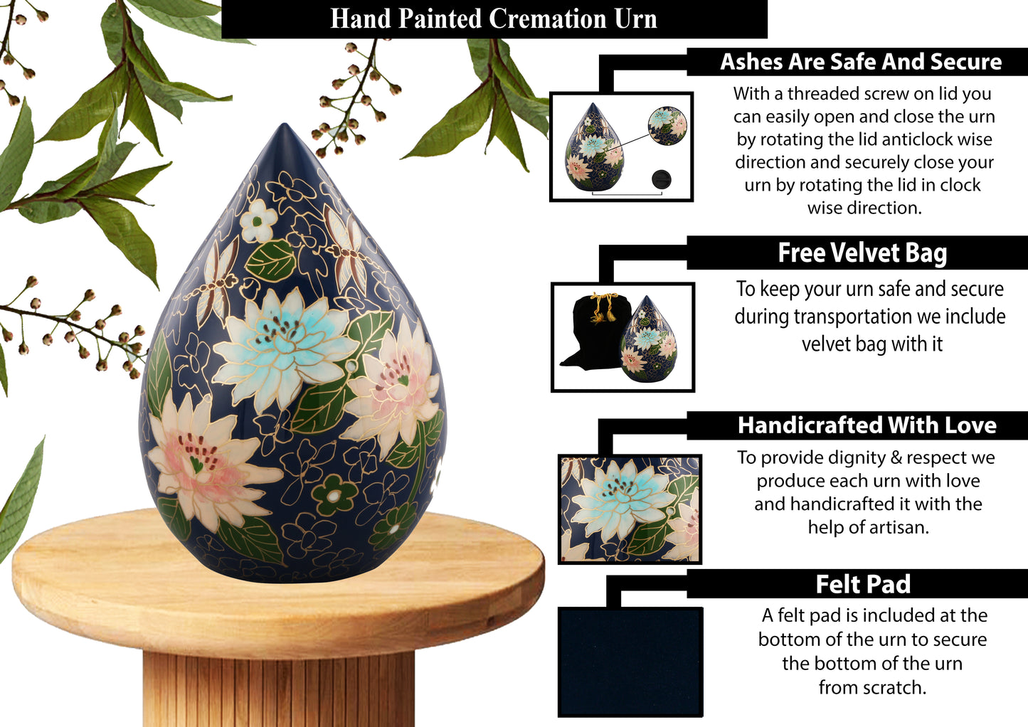 Urns of Dignity Hand Painted Teardrop Flower Cremation URNS,URN for Human Ashes, Adult URN for Funeral, Burial, Columbarium or Home, Cremation Urns for Human Ashes Adult 200 Cubic Inches:- with velvet bag