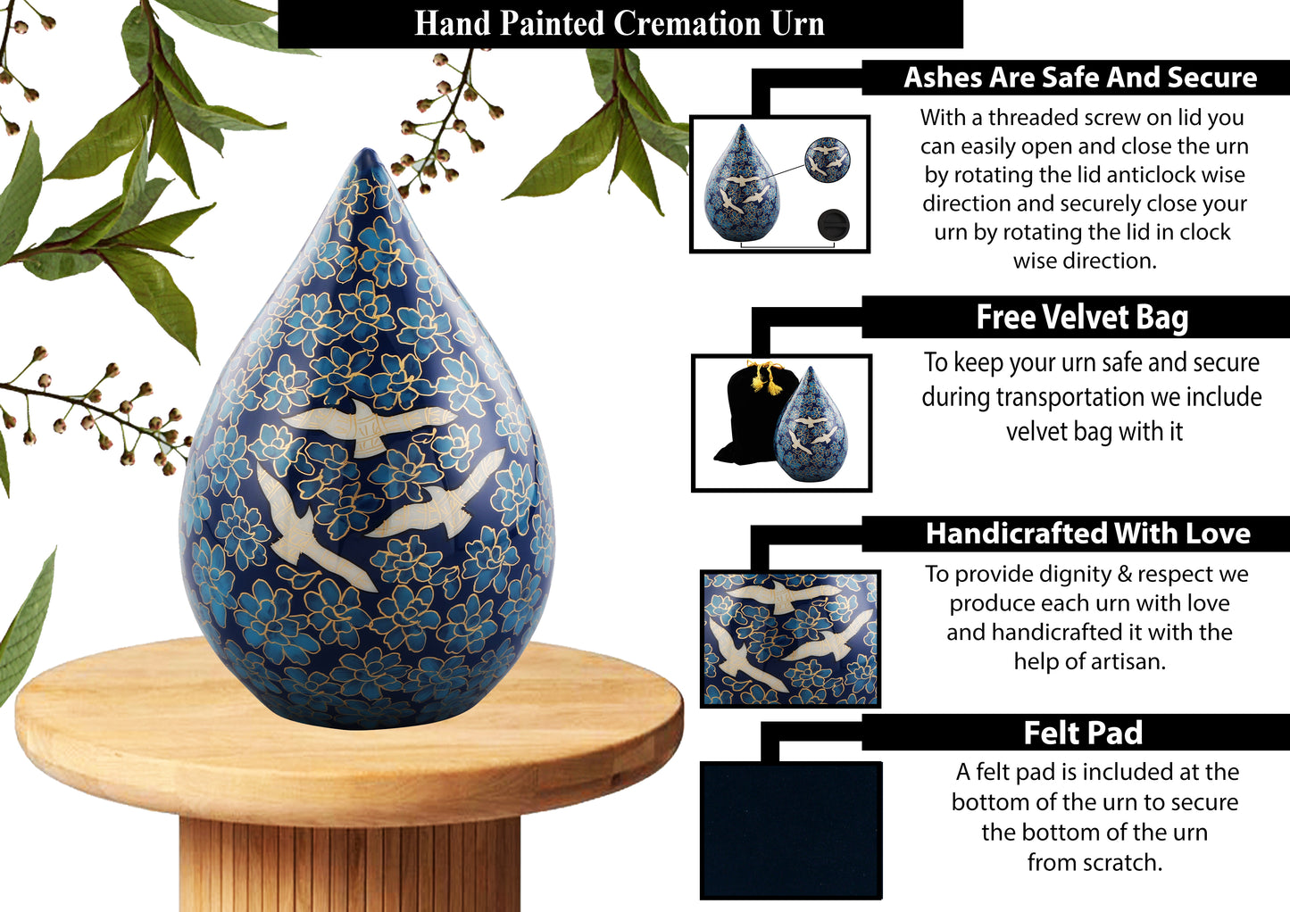 Urns of Dignity Hand Painted Teardrop Flower Cremation URNS,URN for Human Ashes, Adult URN for Funeral, Burial, Columbarium or Home, Cremation Urns for Human Ashes Adult 200 Cubic Inches:- with velvet bag