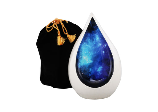 Urns of Dignity Everlasting Teardrop Cremation Urns, Urn for Human Ashes, Funeral, Adult urn 200 Cubic Inches with Velvet Bag-White Blue