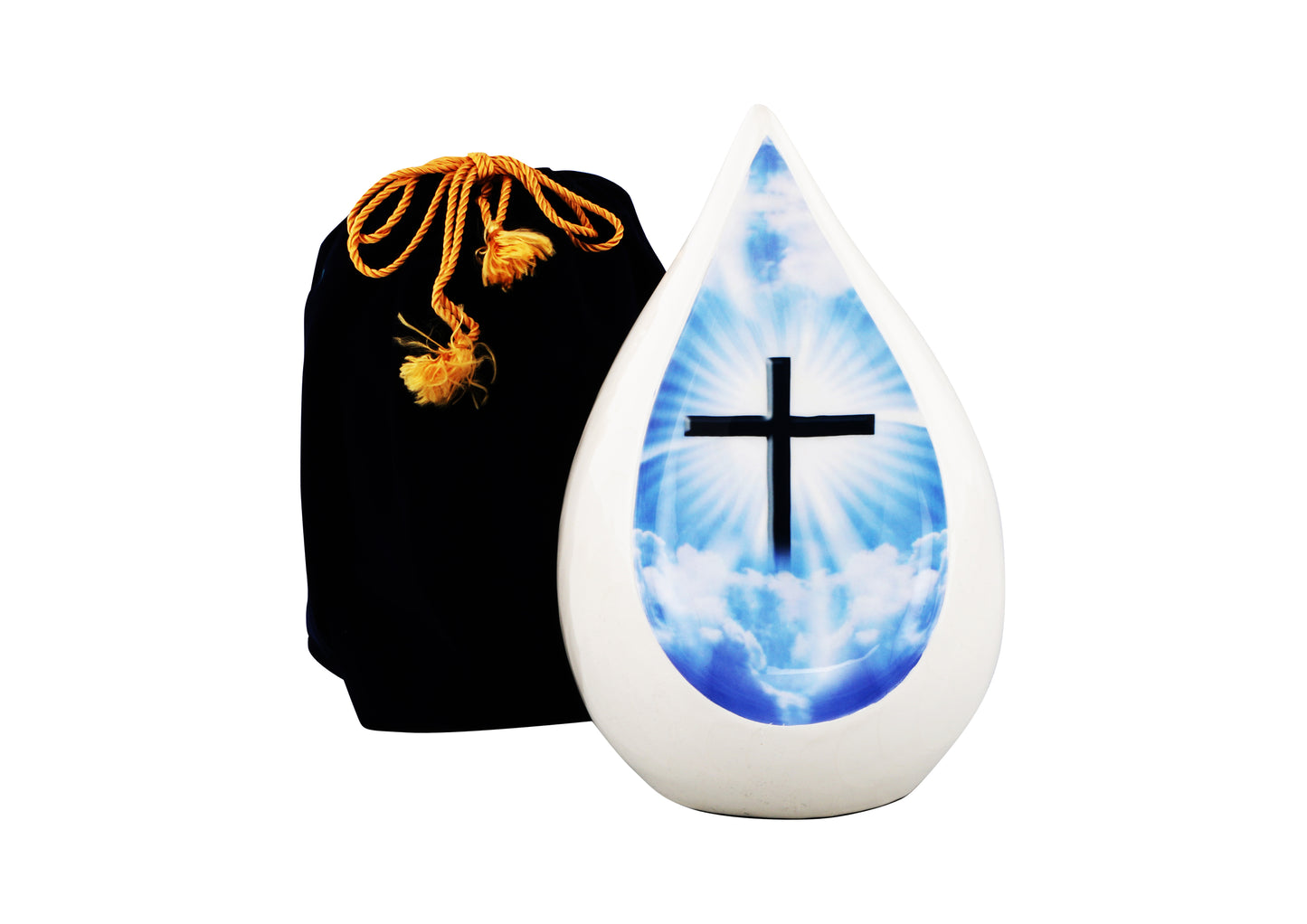 Urns of Dignity Everlasting Teardrop Cremation Urns, Urn for Human Ashes, Funeral, Adult urn 200 Cubic Inches with Velvet Bag-White Cross.