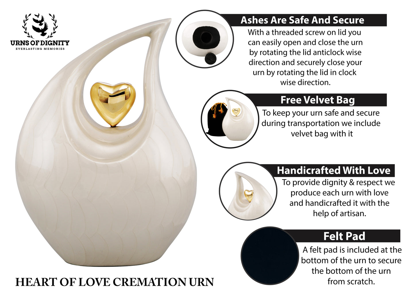 Urns of Dignity Cremation Urn Heart of Love Urn for Human Ashes – Cremation Urn for Funeral, Cremation Urns, Human Adult Urn 220cubic inch- with Velvet Bag.(White Gold Heart Large)